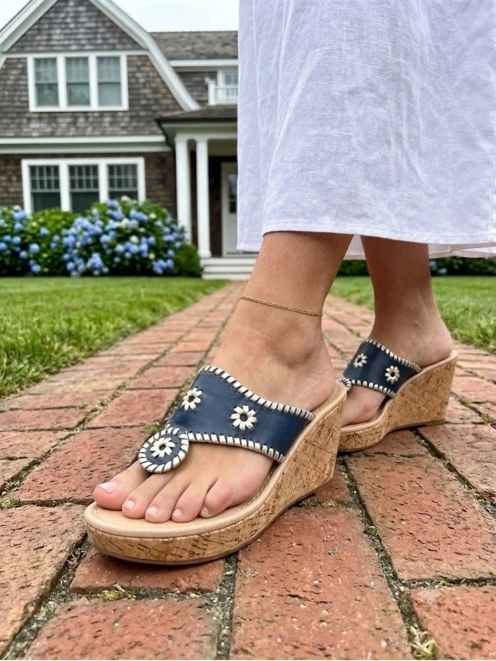 Jack Rogers Navy Blue & silver leather Wedge cork thing slip on hampton Sandals